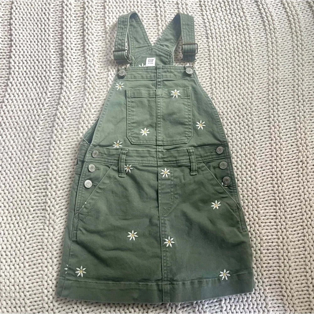 GAP Kids Olive Girl's Overall Dress with Embroidered Floral Accents Size Small